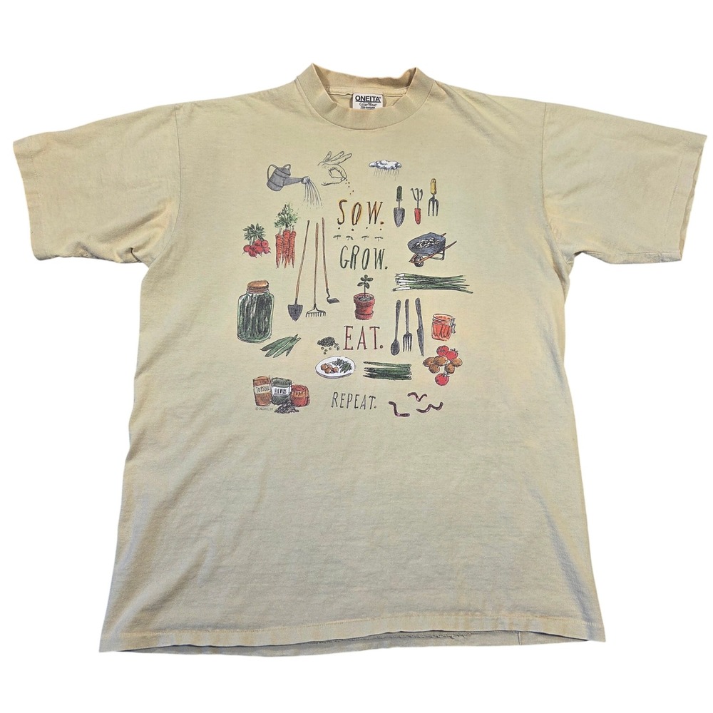 Vintage 1997 Oneita Gardening T-Shirt Yellow Large USA Made Boho Retro Homestead
